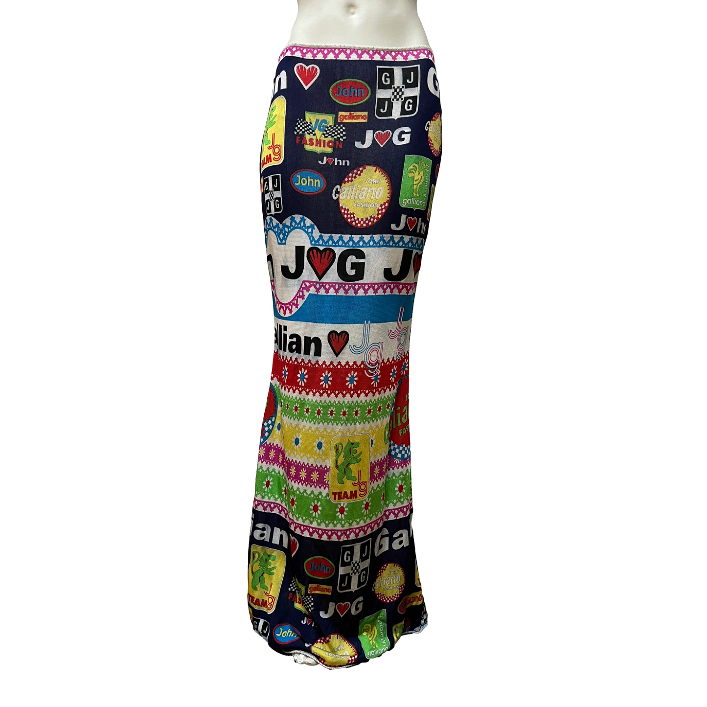 John Galliano SS 2002 Formula 1 Multicoloured Viscose knit Moto Print Maxi Skirt