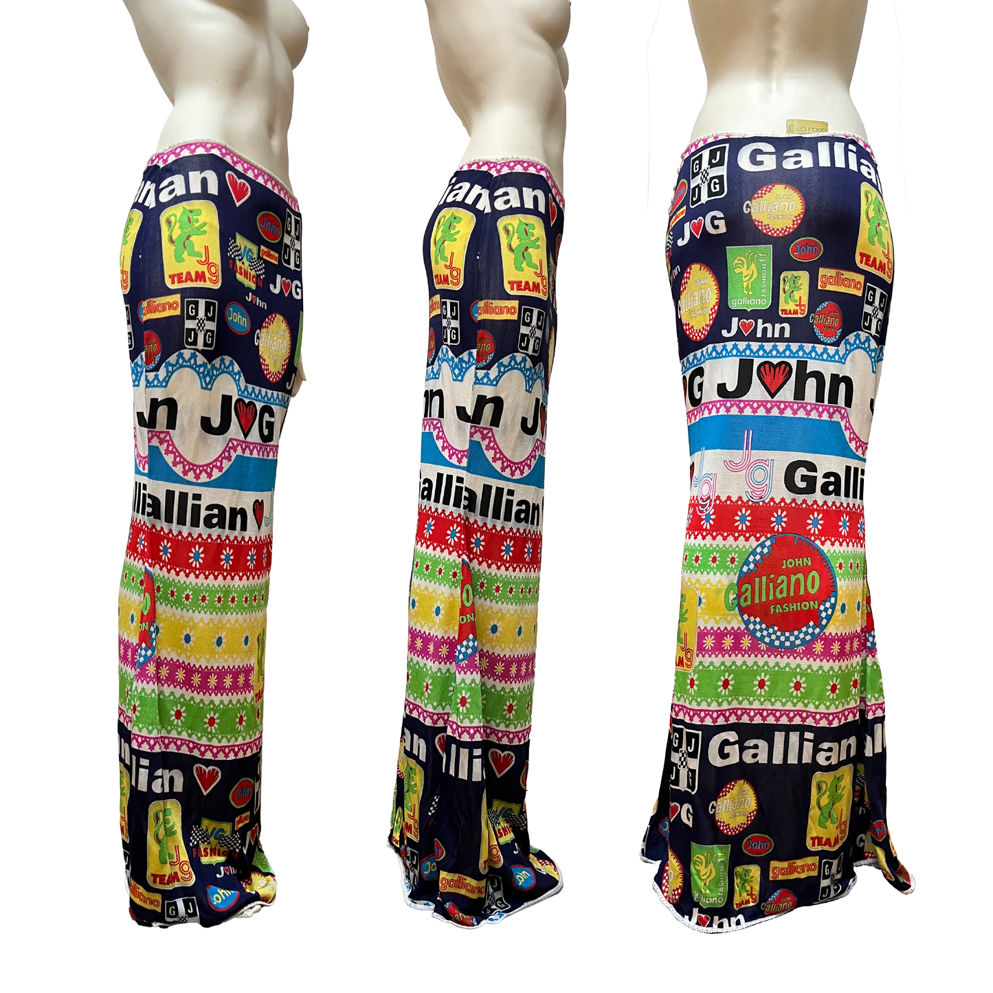 John Galliano SS 2002 Formula 1 Multicoloured Viscose knit Moto Print Maxi Skirt