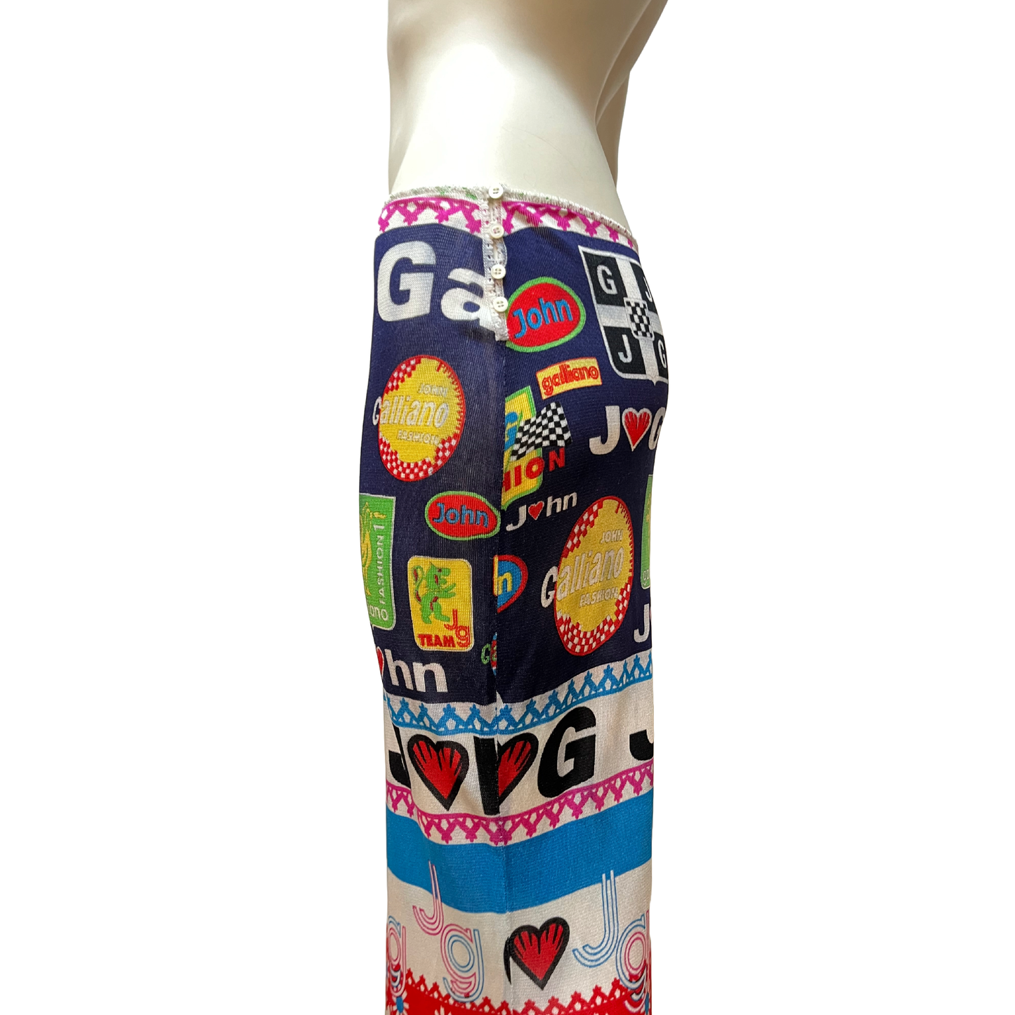 John Galliano SS 2002 Formula 1 Multicoloured Viscose knit Moto Print Maxi Skirt