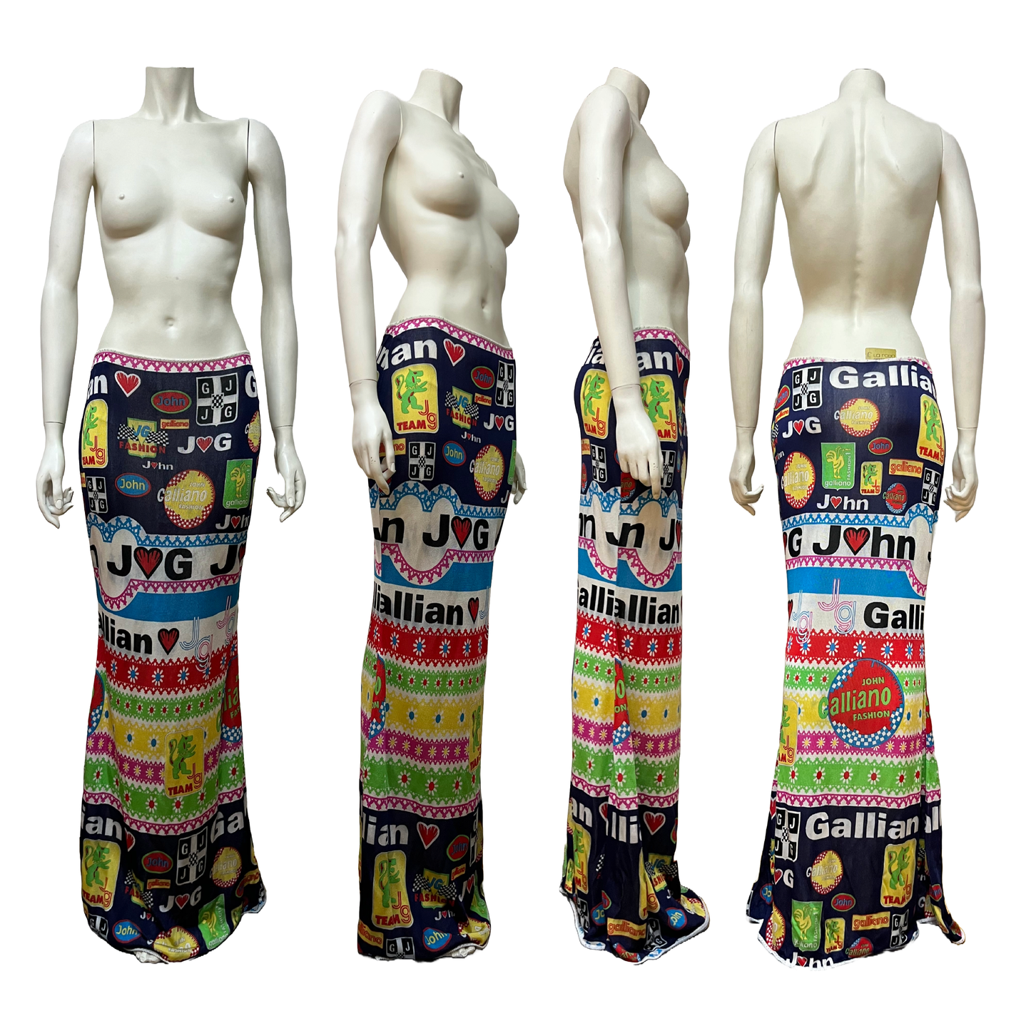 John Galliano SS 2002 Formula 1 Multicoloured Viscose knit Moto Print Maxi Skirt