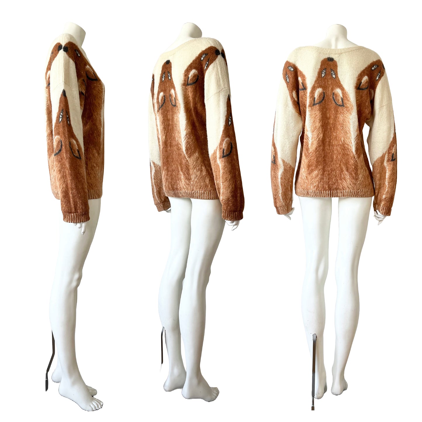 KRIZIA 80s Fox Sole Print Cream Angora Sweater