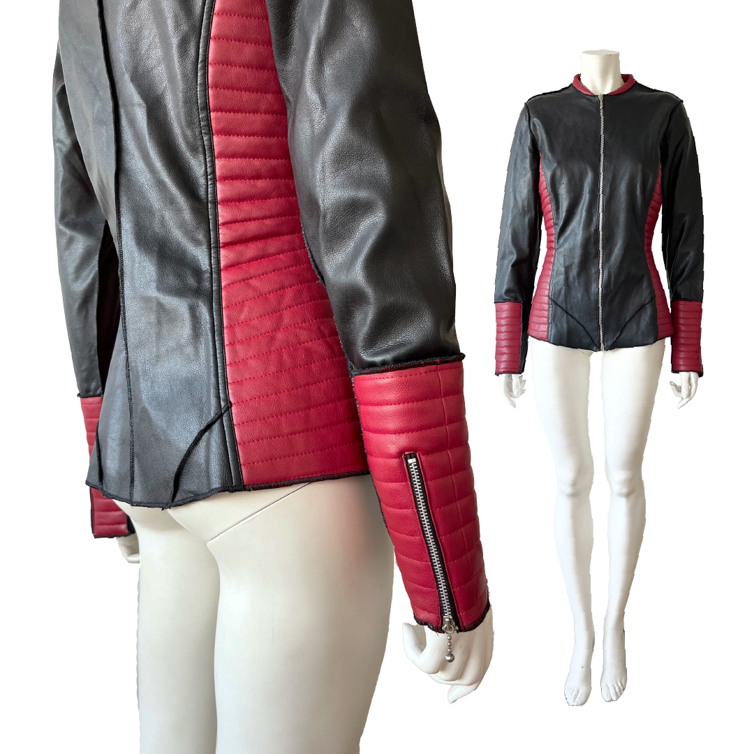 JEAN COLONNA 90s Faux Leather Black & Red Moto Jacket