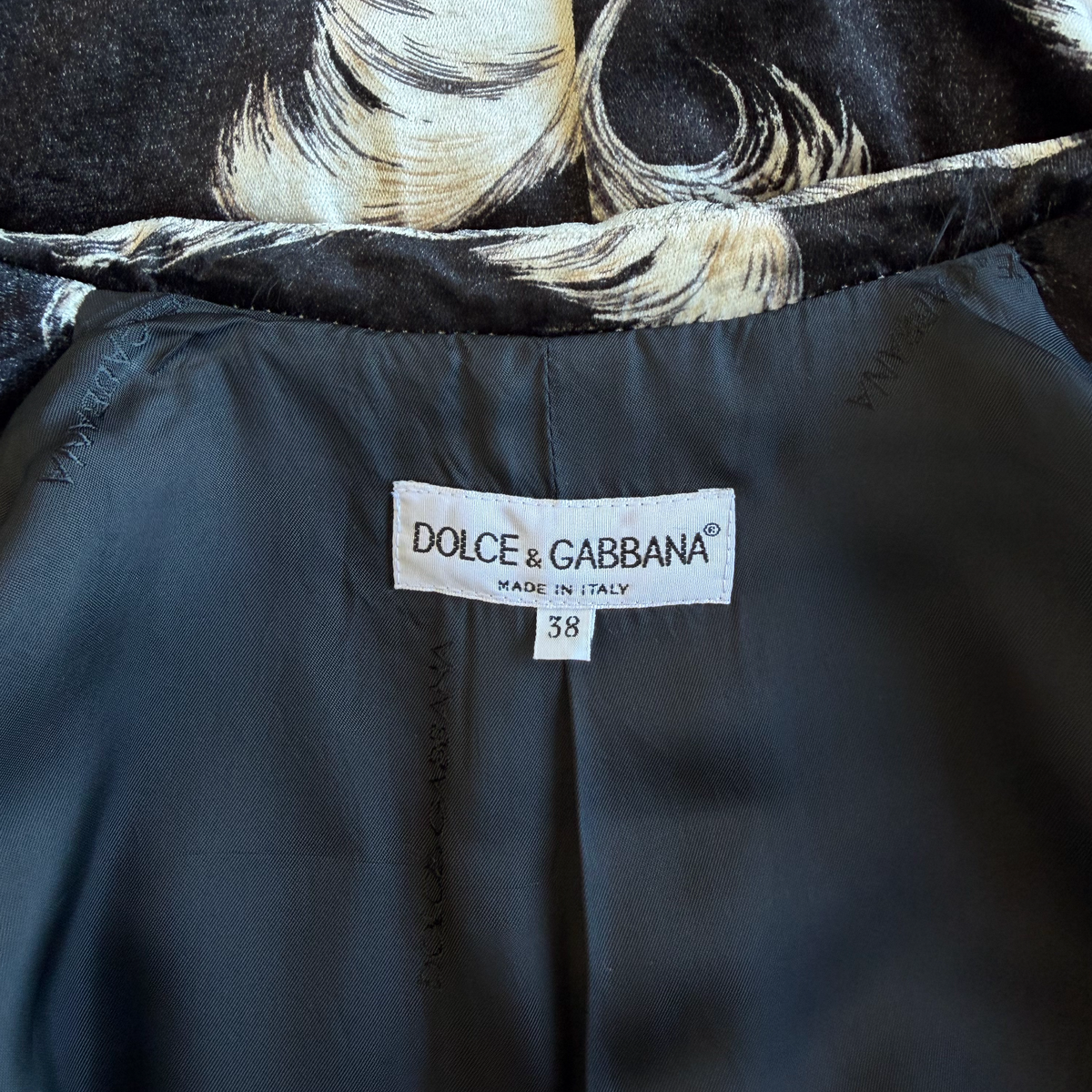Dolce & Gabbana AW 1997 Runway Feather Printed Velvet Coat